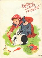 Kellemes húsvéti ünnepeket! Magyar szocialista (szocreál) üdvözlőlap. Művészeti Alkotások kiadása / Hungarian Socialist holiday greeting art postcard s: Lukáts K. (EK)