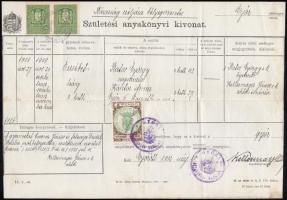 1932 Születési anyakönyvi kivonat Győrből, városi illetékbélyeggel