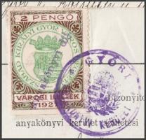 1932 Születési anyakönyvi kivonat Győrből, városi illetékbélyeggel