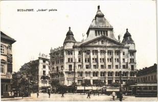 1934 Budapest VI. Anker palota a Deák téren, villamosok, Smith premier írógépek, Ekker üzlete