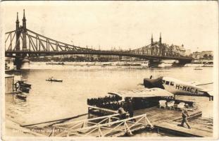 1930 Budapest XI. Ferenc József híd, az Aeroexpress Rt. hidroplán állomása a Gellért Szálló előtt, H-MACA lajstromjelű Junkers F-13 típusú Budapest-Siófok járatú hidroplán