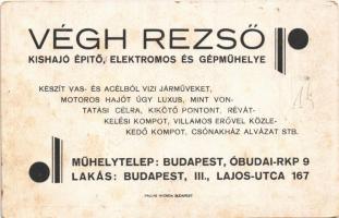 Budapest III. Végh Rezső kishajó építő, elektromos és gépműhely reklámlapja, motorcsónak, magyar zás...