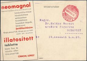 1932 A Chinoin gyógyszergyár Neomagnol fertőtlenítőszerének dekoratív, art deco stílusú reklámlapja,...