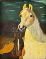 Jelzés nélkül: Ló kanca csikójával- Olaj, karton. Hátoldalán amerikai művészellátó pecsétjével. 40,5x30,5 cm
