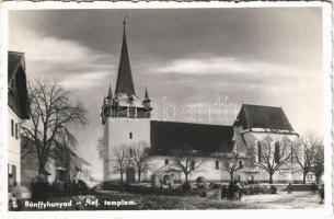 Bánffyhunyad, Huedin; Református templom, piac, tél / calvinist church, market, winter