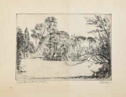 Élesdy István (1912-1987): Laghetto a Villa Borgheseben. Rézkarc, papír, jelzett, lap szélén néhány apró folttal. 22×31,5 cm