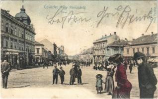 1905 Nagykanizsa, Fő út, Takarékpénztár, üzletek. Alt és Böhm kiadása. montázs / montage (EB)
