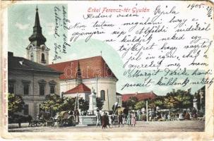1905 Gyula, Erkel Ferenc tér, piaci árusok, templom. Dobay János kiadása (EM)