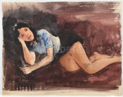 Élesdy István (1912-1987): Fekvő hölgy. Akvarell, papír, jelzés nélkül. Lap alján kisebb szakadással. 36×48 cm