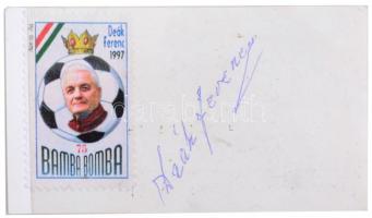 Deák Ferenc Bamba magyar labdarúgó saját kezű aláírásán névjegykártyáján, rajta a képét ábrázoló levélzáróval
