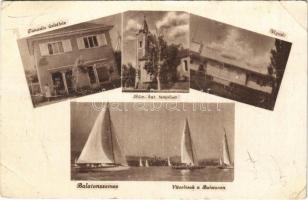 1948 Balatonszemes, Tanasits üzlete, Római katolikus templom, Vigadó, Vitorlások a Balatonon (EB)