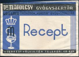 Dr. Matolcsy Gyógyszertár Budapest Kálvin tér receptborítékja, benne Kollarits Béla kórházi főorvos receptjével