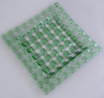 Zöld rácsos üveg tál, hibátlan, 24,5x24,5 cm