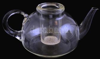 Üveg teás kancsó szűrővel, tető nélkül, csorbával, repedéssel, m: 10 cm