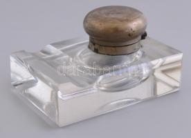 Üveg tintatartó fém fedéllel, kis csorbával, 5,5x11x7,5 cm