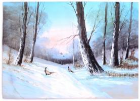 Jelzés nélkül: Fácánok a hóban. Tempera, papír, foltos. 35x49 cm
