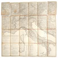 1820 Olaszország és Ausztria posta- és menettérképe, vászontérkép, széteső állapotban, 74×72 cm
