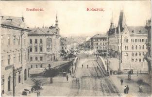 1909 Kolozsvár, Cluj; Erzsébet út, híd, Erdélyi általános takarék és hitelszövetkezet, / street, bridge, shops