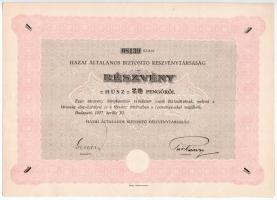 Budapest 1927. "Hazai Általános Biztosító Részvénytársaság" részvénye 20P-ről, szárazpecsé...