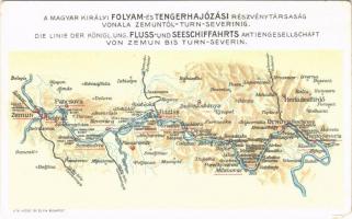 A Magyar Királyi Folyam- és Tengerhajózási Részvénytársaság vonala Zemuntól-Turn-Severinig; Klösz György és fia. Utazzunk MFTR magyar hajón! / Map of The Royal Hungarian River and Sea Shipping Lines Company, litho (EM)