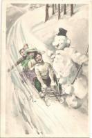 1912 Szánkózó barátok hóemberrel / Sleiging, sledding, snowman, winter sport. H. Ch. Vienne H. Christ Nr. 169.