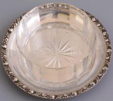 Ezüst (Ag) cukordoboz véséssel, üveg és ezüst tálcával. Jelzett, nettő 120,6 g, d:10-14 cm