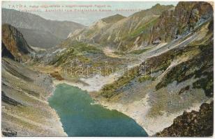 1910 Tátra, Magas-Tátra, Vysoké Tatry; Felkai-völgy, kilátás a Lengyel-nyeregről, Fagyott-tó. Feitzinger Ede No. 964. / Velická dolina / valley, lake (EK)