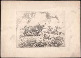 Bereczky Vilmos jelzéssel: Pásztorok a pusztában, rézkarc, papír, jelzett, foltos, 15x21 cm