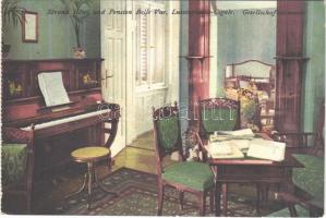 Mali Losinj, Lussinpiccolo; Cigale, Strand Hotel und Pension Belle Vue. Gesellschaftszimmer / hotel, room interior with piano (képeslapfüzetből / from postcard booklet)