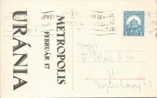 1927 Jelenet Fritz Lang "Metropolis" című filmjéből. A hátoldalon Uránia reklám a vetítés ...