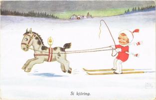 Skikjöring / Skijoring / girl with ski pulled by horse, winter sport art postcard. W.S.S.B. 6058/3. s: John Willis (EB)