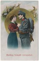 1916 Boldog húsvéti ünnepeket! / WWI Austro-Hungarian K.u.K. military art postcard with Easter greeting, romantic couple, soldier (EB)
