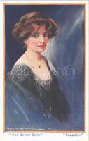 1920 Sapphire The Jewel Girls Lady art postcard. B.K.W.I. Nr. 258/4. s: Cecil W. Quinnell