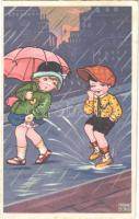 1933 Romantic couple in the rain. Children art postcard. Amag 0323. s: Margret Boriss (fl)