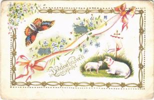 Boldog húsvéti ünnepeket! / Easter greeting art postcard with sheep, ribbon, butterfly. Floral Emb. litho (EB)