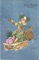 1936 Kellemes Karácsonyi Ünnepeket / Christmas greeting art postcard, sled with toys s: K. Sávely D.