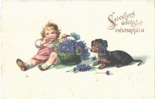 1933 Szívélyes üdvözlet névnapjára / Name Day greeting art postcard, child with Dachshund dog and flowers (EK)