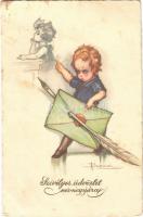 1929 Szívélyes üdvözlet névnapjára / Name Day greeting art postcard, child with letter. Degami s: Busi (EB)