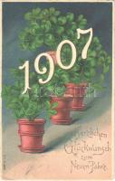 1907 Herzlichen Glückwunsch zum Neuen Jahre! / New Year greeting art postcard with clovers. M.S.i.B. Art Nouveau, Emb. litho (EK)
