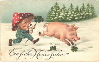 1929 Ein frohes Neues Jahr / New Year greeting art postcard, mushroom man with clovers and pig (EK)