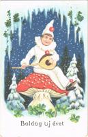 1936 Boldog Újévet! / New Year greeting art postcard, clown sitting on a mushroom, clovers (EB)