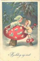 1928 Boldog Újévet! / New Year greeting art postcard, children with mushroom (EK)