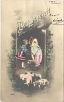 1904 Boldog Újévet! / New Year greeting art postcard, clown with pigs and clovers (EB)