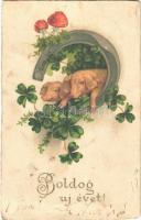 1929 Boldog Újévet! / New Year greeting art postcard, pigs with clovers and mushroom. EAS 1083. (fl)