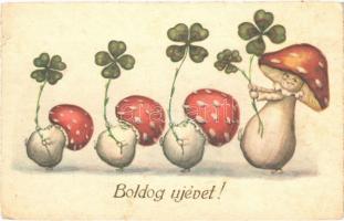 Boldog Újévet! / New Year greeting art postcard, mushroom people with clovers. L&P 2346/1. (fl)