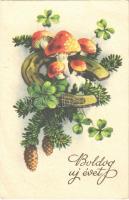 1935 Boldog Újévet! / New Year greeting art postcard, mushrooms with clovers and horseshoe. L&P 8840. (EB)