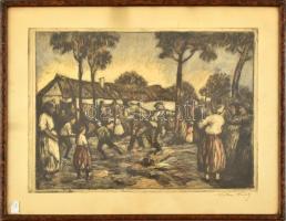 Kotász Károly (1872-1941): Táncolók. Színezett rézkarc, papír, jelzett, üvegezett keretben, 23×31,5 cm