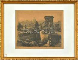 Baranszky Emil László (1877-1941): A Széchenyi-híd (Lánchíd). Rézkarc, papír, jelzett, üvegezett fa keretben, 22,5×29 cm