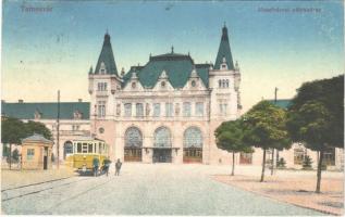 1917 Temesvár, Timisoara; Józsefvárosi pályaudvar, vasútállomás, villamos. Vasúti levelezőlapárusítás 50. 1916 / railway station, tram