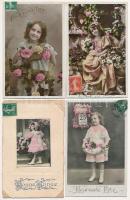 9 db RÉGI motívum képeslap vegyes minőségben: üdvözlő gyerek, hölgyek / 9 pre-1945 motive postcards in mixed quality: greeting children and lady